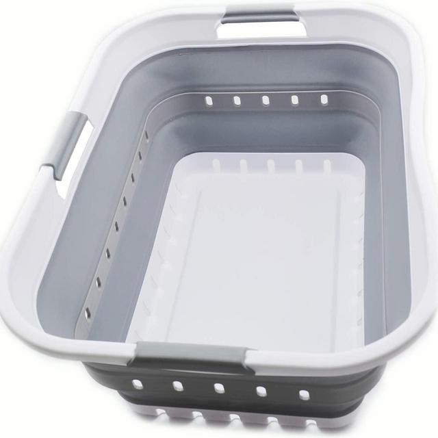 SAMMART 42L (11 gallon) Collapsible Plastic Laundry Basket - Foldable Pop Up Storage Container/Organizer - Portable Washing Tub - Space Saving Hamper/Basket (1, White/Grey)