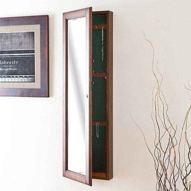 Southern Enterprises Wall-Mounted Mirror Jewelry Armoire, Warm Brown Walnut