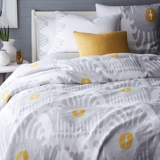 Belgian Flax Linen Stamped Ikat Duvet Cover + Shams in Full