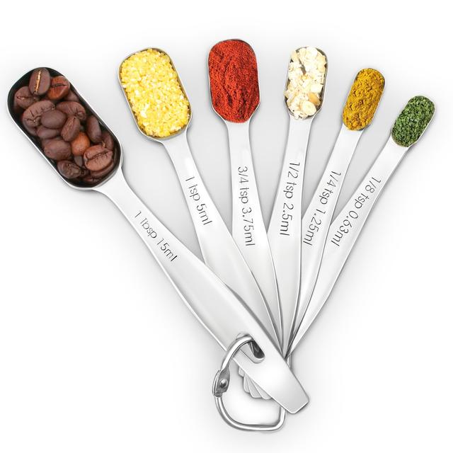 1Easylife 18/8 Stainless Steel Metal Measuring Spoons, Ergonomic Set of 6 for Dry and Liquid Ingredients, Narrow Shape Easily Fits in Spice Jars