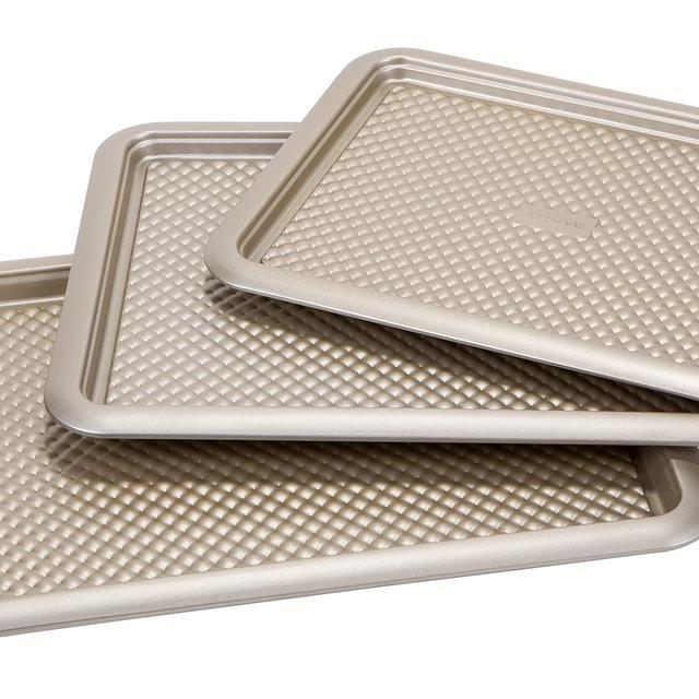 Art and Cook 3 Piece Non-Stick Carbon Steel Cookie Sheet Set, 14.5" x 11"/16" x 12.5"/18" x 13", Champagne