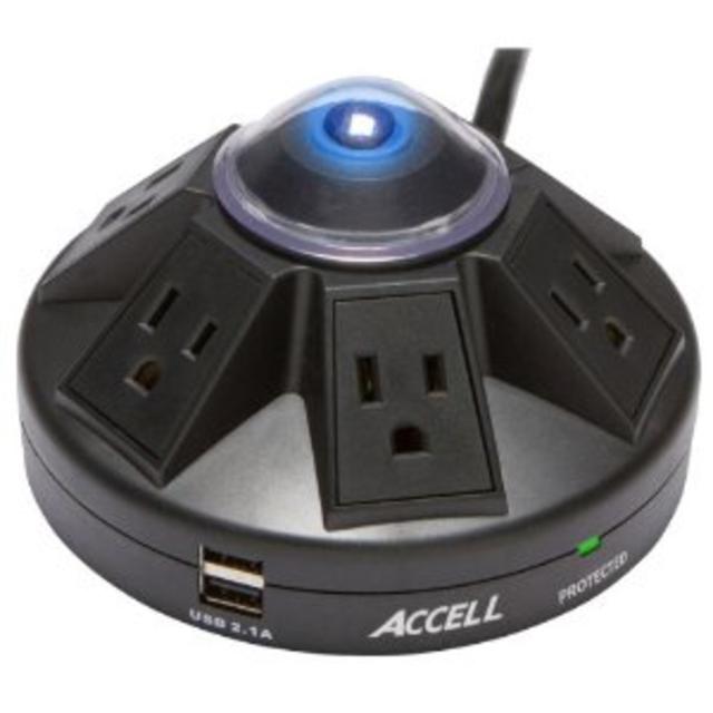 Accell D080B-015K Powramid 6-Outlet Surge Protector with Dual USB Charging Ports - 1080 Joules, 2.1A USB Output, 6-Foot (1.8-Meter) Cord, Black, UL Listed