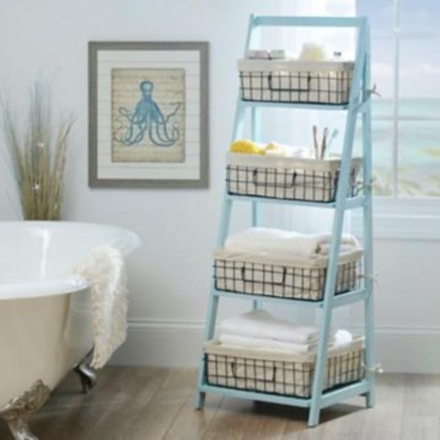 Blue Storage Basket Wooden Ladder Shelf