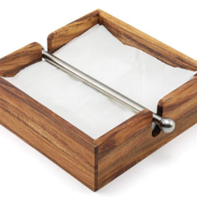 Ironwood Gourmet Acacia Wood Napkin Holder with Weighted Stainless Steel Center Bar, 6.25-Inches, Brown