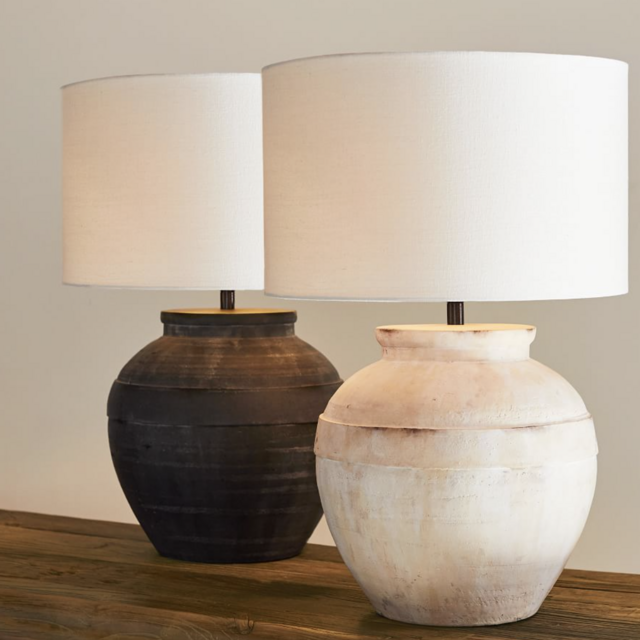 Faris Ceramic 21" Table Lamp, Ivory Base with Large Gallery Straight Sided Textured Shade, Sand