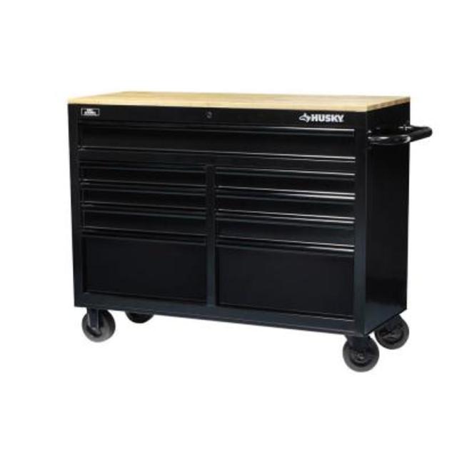 46 in. 9-Drawer Black Out Mobile Workbench with Solid Wood Top