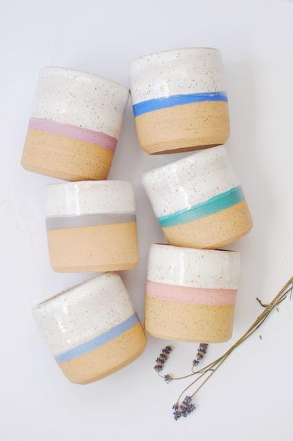 Handmade Ceramic Speckled Stoneware Striped Cups