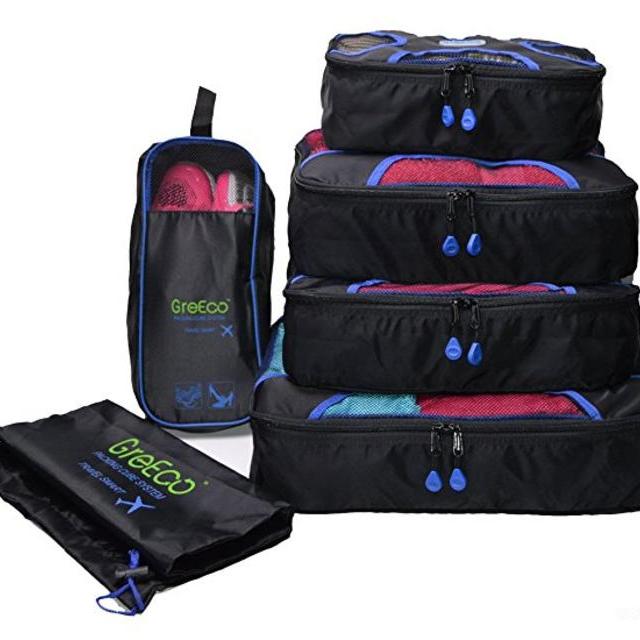 GreEco 4 Pcs Packing Cubes Plus 1 Pc Laundry Bag and 1 Pc Shoe Bag Set of 6