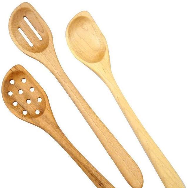American Made Natural Hard Maple Wood Angled Cooking and Mixing Spoons, Set of 3