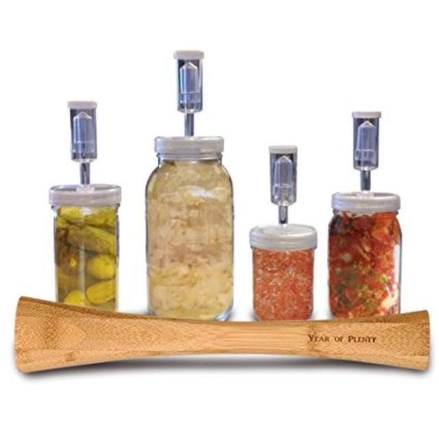 Year of Plenty Complete Fermentation Kit, Includes 4 Clear Fermenting Lids, 4 Fermentation Weights, 1 12-inch Cabbage Tamper