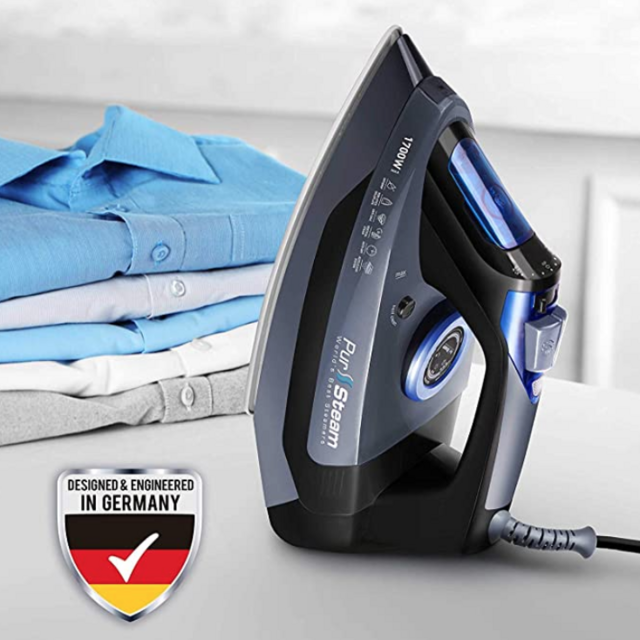 Professional Grade 1700W Steam Iron for Clothes with Rapid Even Heat Scratch Resistant Stainless Steel Sole Plate, True Position Axial Aligned Steam Holes, Self-Cleaning Function
