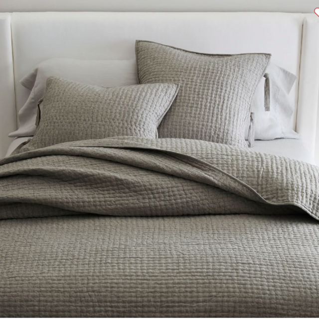 Pick-Stitch Handcrafted Cotton/Linen Quilt (Queen) in Light Grey