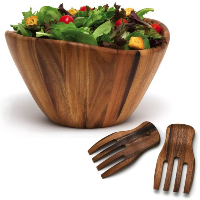 Lipper International Acacia Wave Bowl with Salad Hands