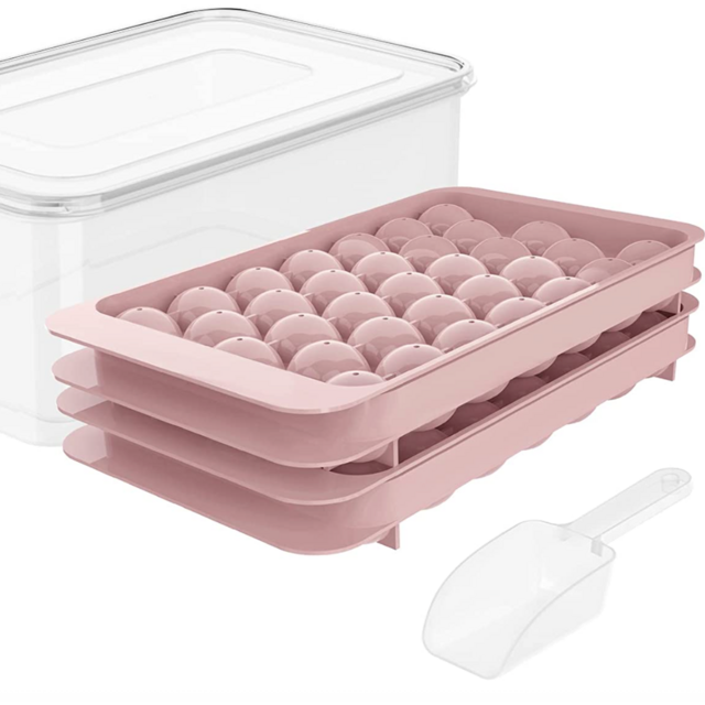 Round Ice Cube Tray with Lid Ice Ball Maker Mold for Freezer with Container Mini Circle Ice Cube Tray Making 66PCS Sphere Ice Chilling Cocktail Whiskey Tea Coffee(2 Pink Trays 1 ice Bucket & Scoop)