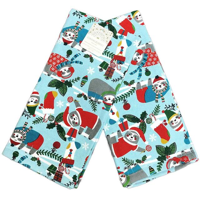 Cynthia Rowley Cute Whimsical Holiday Sloths Adorning Festive Winter Attire Set Two Decorative Winter Christmas Kitchen Hand Towels