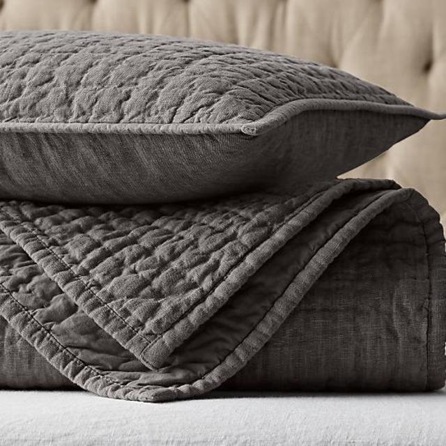 Restoration Hardware Vintage-Washed Hand-Quilted Belgian Linen Coverlet - Graphite