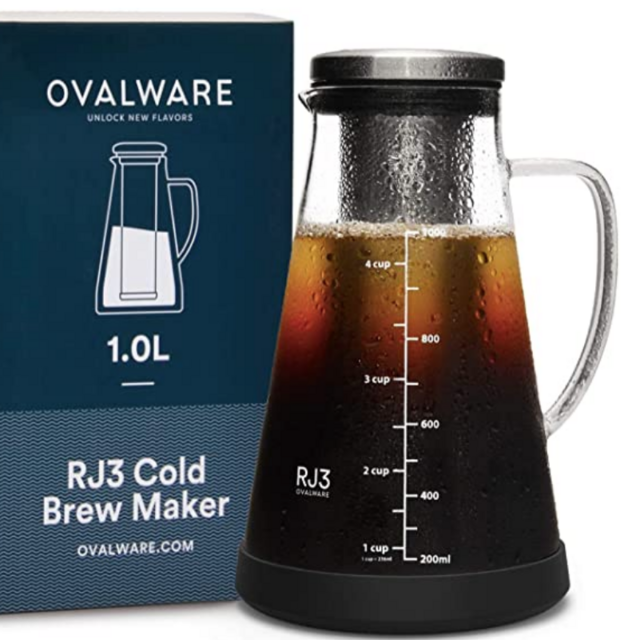 Airtight Cold Brew Iced Coffee Maker and Tea Infuser with Spout - 1.0L / 34oz Ovalware RJ3 Brewing Glass Carafe with Removable Stainless Steel Filter