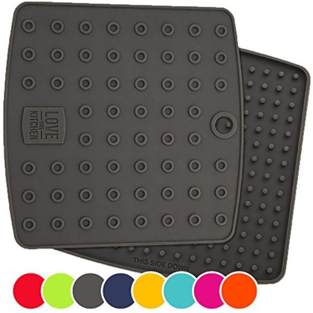 Premium Silicone Trivet Mats / Hot Pads, Pot Holders, Spoon Rest, Jar Opener & Coasters - Our 5 in 1 Kitchen Tool is Heat Resistant to 442 °F, Thick & Flexible (7" x 7", Dark Gray, Set of 2)