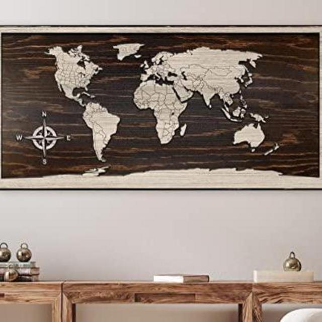 Carved Wood World Map with Country Lines, Works as a Push Pin Map, Customizable World Map Wall Art,