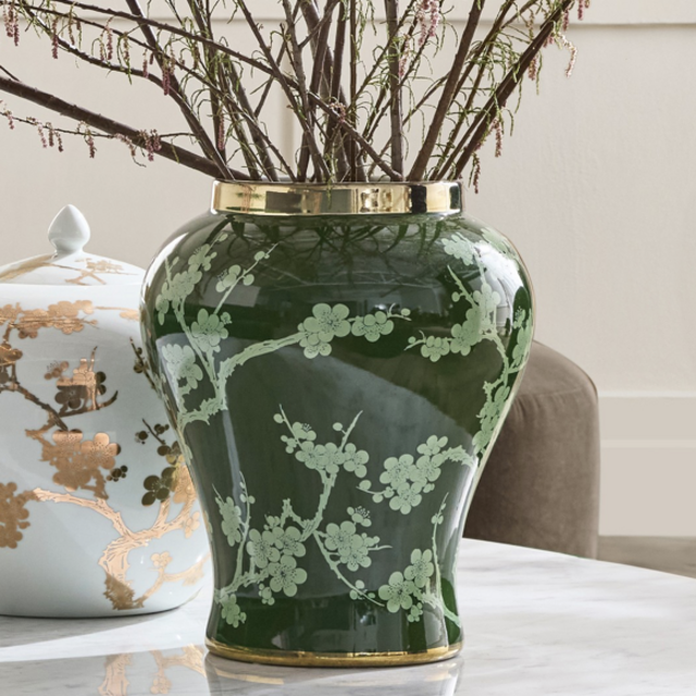 Williams Sonoma, Green Ginger Jar, Cherry Blossom