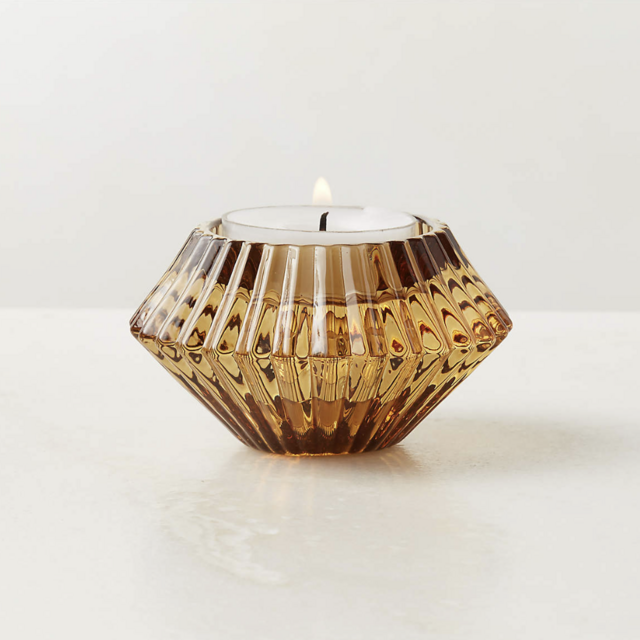 Nova Ribbed Amber Glass Reversible Candle Holder (Set 4)