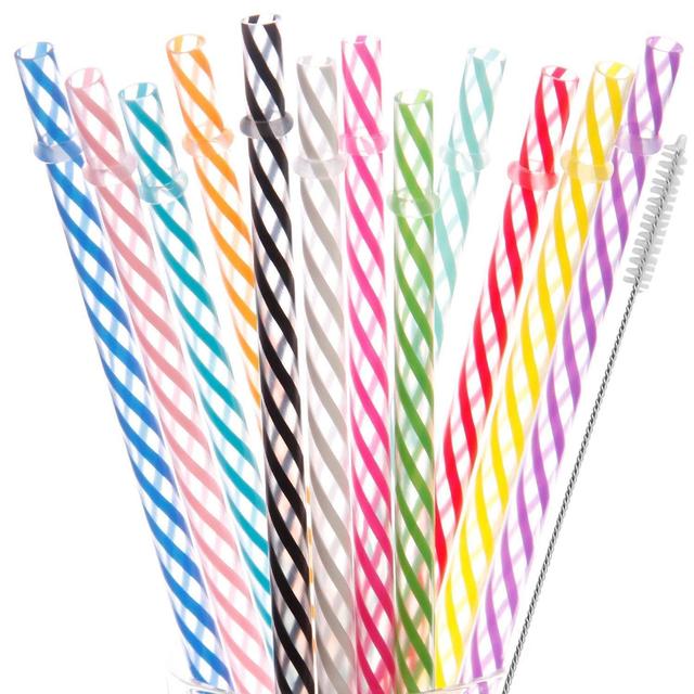 Dakoufish 12 Piece 11 Inch Reusable Plastic Thick Drinking Straws BPA Free Mason Jar Straws Transparent Small Stripe 12 Colors