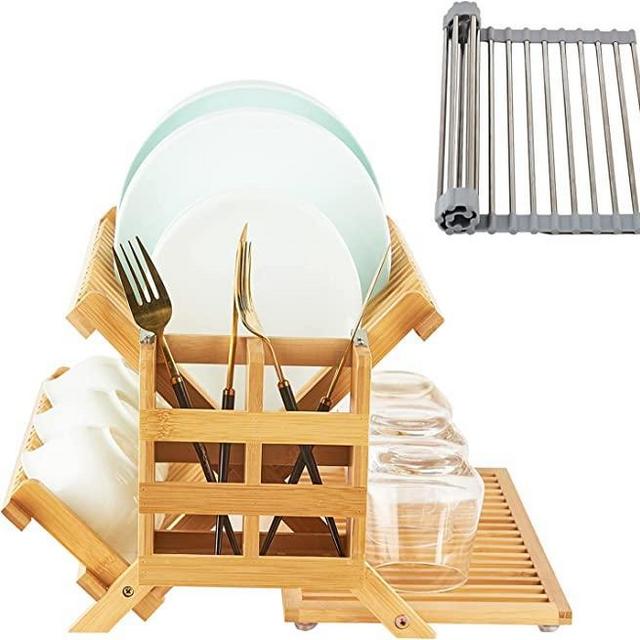 WORTHUG Bamboo Dish Drying Rack Set, 3-Tier Collapsible Bamboo Drainer Dish Drying Rack with Utensil Holder,Multipurpose Roll-Up Dish Drying Rack