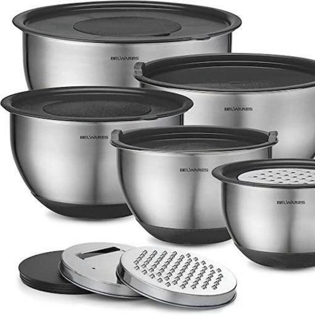 Belwares Mixing Bowls with Lids Set - Nesting Bowls with Graters, Pour Spouts and Airtight Lids - Stainless Steel Non-Slip Mixing Bowl for Cooking, Baking, Prepping, Food Storage (Set of 5)