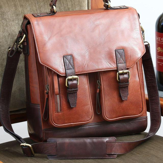3-Bottle Leather BYO Wine Carrier Bag w/Front Pockets, Chestnut