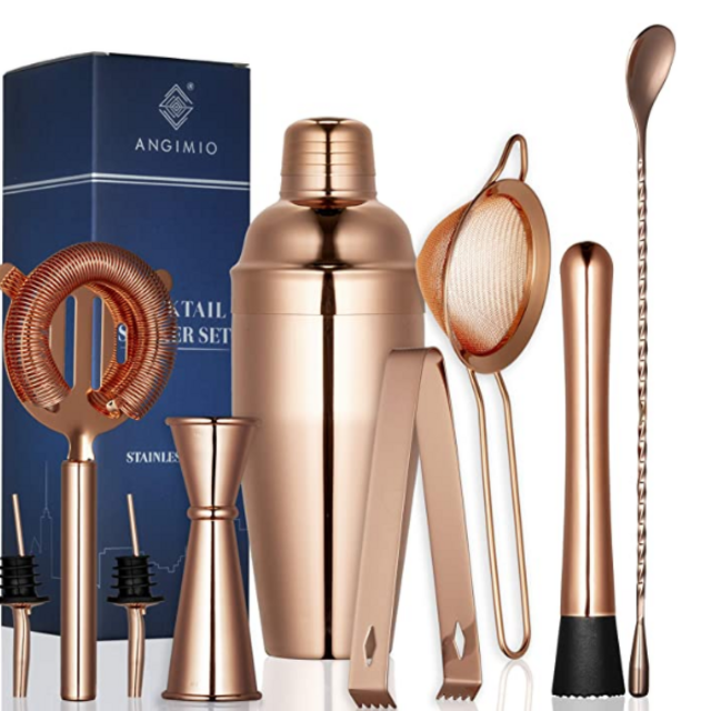Amazon - 9-Piece Cocktail Shaker Set: Stainless Steel Bartender Kit: 25oz (750ml) Martini Mixer, Cocktail Strainer Set, Muddler, Mixing Spoon, Jigger, Ice Tong and 2 Liquor Pourers, Copper