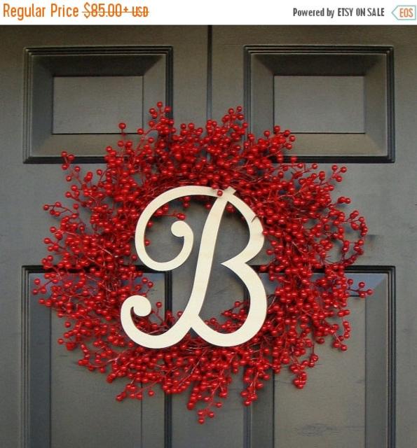 VALENTINES DAY SALE Door Wreath- Monogram Wreath- Red Berry Wreath- Christmas Wreath- Holiday Wreath- Valentine's Day Wreath- Monogram Lette