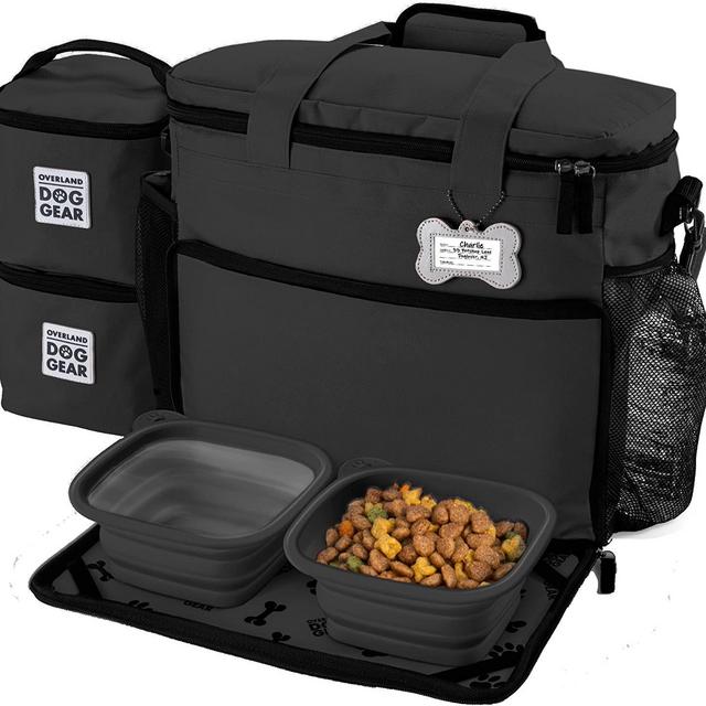Dog Travel Bag - Week Away Tote for Med and Large Dogs - Includes Bag, 2 Lined Food Carriers, Placemat, and 2 Collapsible Bowls