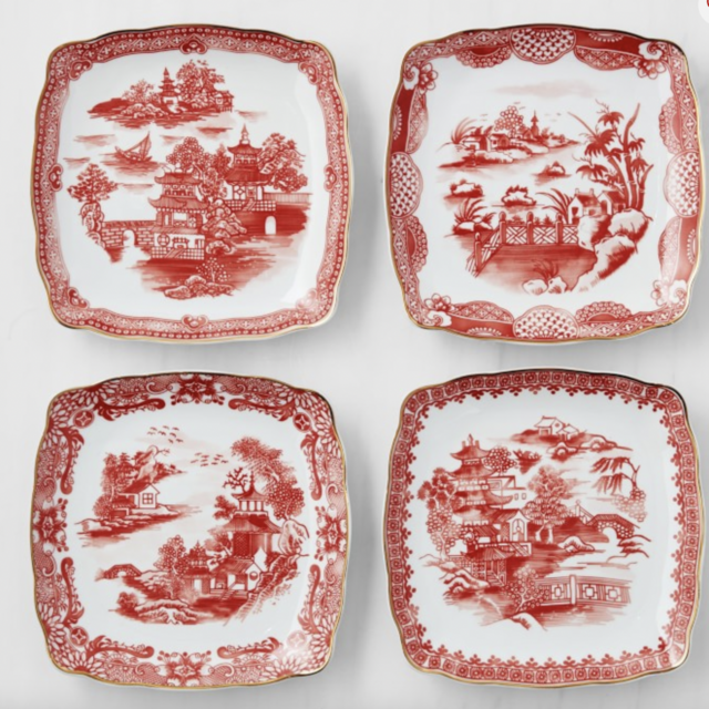 Marlo Thomas Red Scenic Appetizer Plates, Set of 4