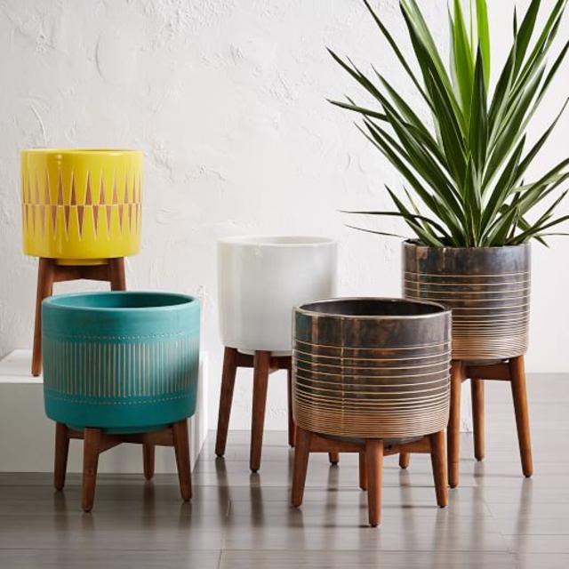 Mid-Century Turned Leg Planter, White