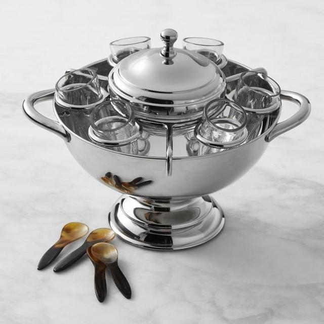 Stainless-Steel Caviar Dish with Vodka Shot Glasses and Horn Spoons