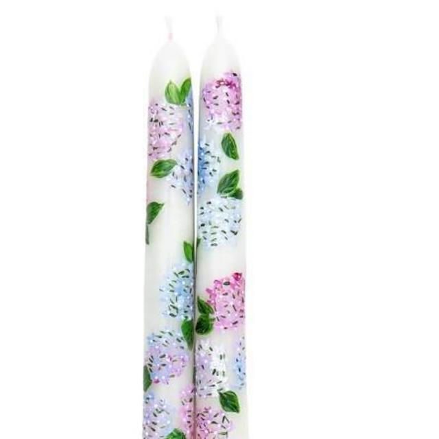 Ivory Summer Hydrangeas Hand-Painted Taper Candles, Set of Two