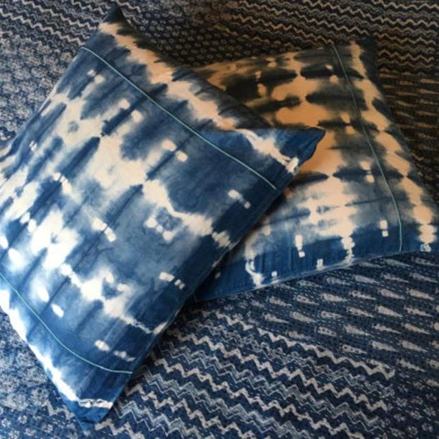 Hand Dyed Indigo Shibori Pillowcases Euro Shams, 24 inch Large size, set of 2