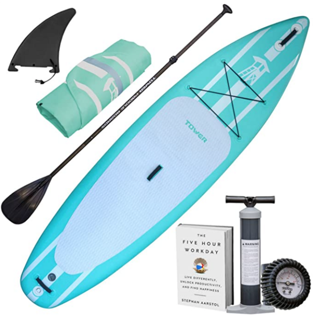 TOWER Inflatable 10’4” Stand Up Paddle Board - (6 Inches Thick) - Universal SUP Wide Stance - Premium SUP Bundle (Pump & Adjustable Paddle Included) - Non-Slip Deck - Youth and Adult