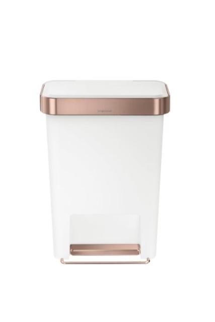 Simplehuman Rectangular Step Can with Liner Pocket, 45 L/11.9 gallon (White Plastic w/ Rose Gold)