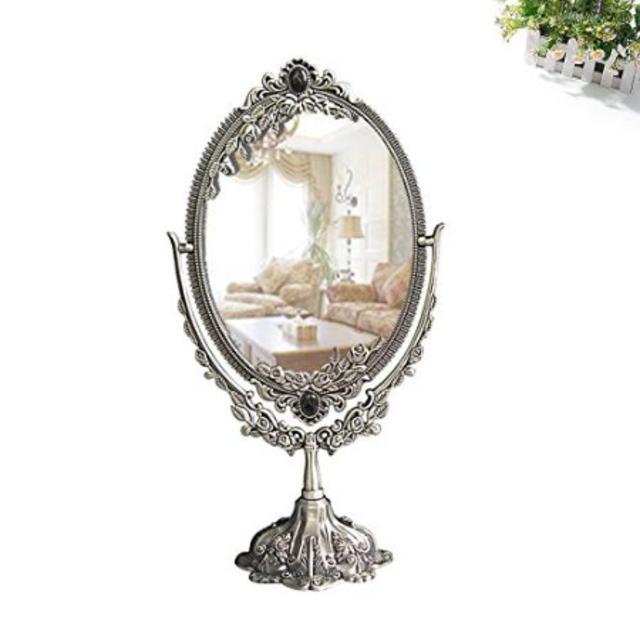 KINGFOM™ Antique Two Sided Swivel Oval Desktop Vanity Makeup Mirror with Embossed Roses and Mounted Beads for Home, Jewelry or Watches Cosmetics Showcase (Bronze, Standard)