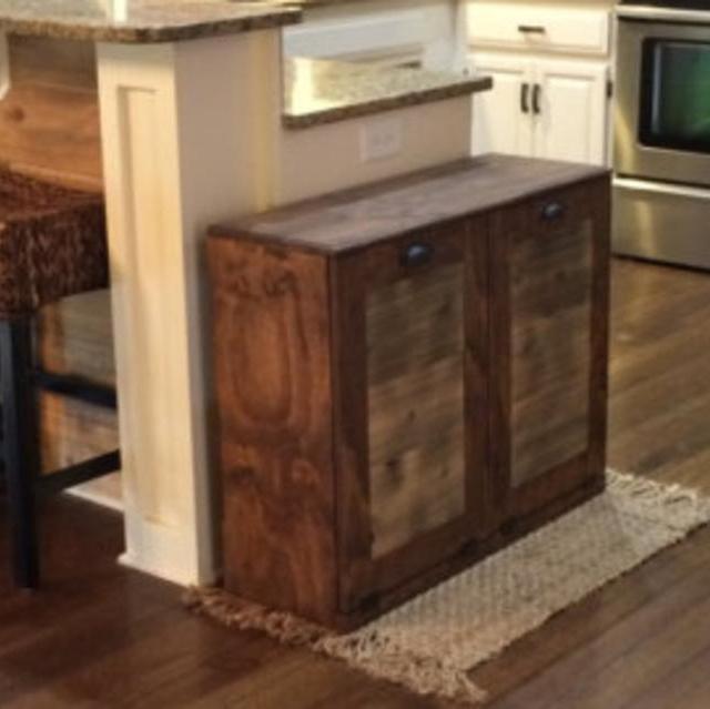 Rustic, tilt out, trash, bin, can, wood weathered grey gray cedar door