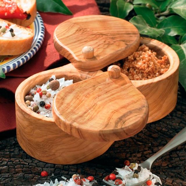 Double Olive Wood Salt and Spice Keeper