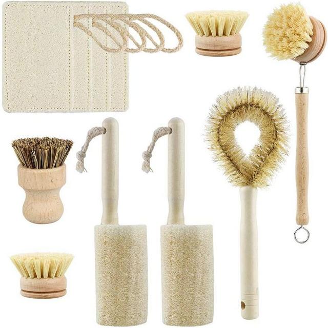 Kitchen Plant Cleaning Brush Kit, 11Pcs Natural Exfoliating Loofah Sponge Scrubber Pad, Sisal & Coconut Fibers Bristles with Wooden Handle, Zero Waste & Biodegradable for Dish/Bottle/Vegetable/Pan/Pot