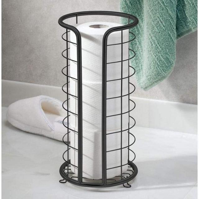 mDesign Decorative Metal Free Standing Toilet Paper Holder Stand with Storage for 3 Rolls of Toilet Tissue - for Bathroom/Powder Room - Holds Mega Rolls - Matte Black