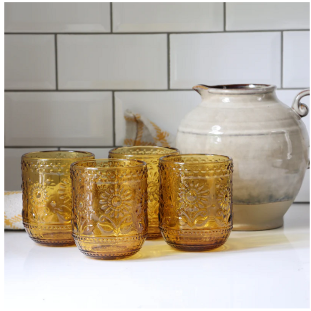 Amber Floral Embossed Drinking Glasses - Set of 4