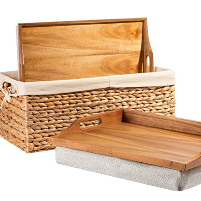 Rossie Home Acacia Bed Tray Lap Desk - Set of Two - with Hyacinth Storage Basket - Natural - Fits up to 15.6 Inch Laptops - Style No. 70106