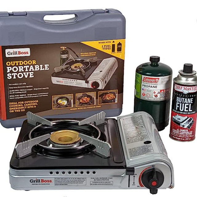 Grill Boss 90057 Dual Fuel Camp Stove | Works with both Butane and Propane | Perfect for Camping & Hiking | Emergency Cooking Stove | Single Burner 12k BTU Output | Single Burner Dual Fuel Camp Stove