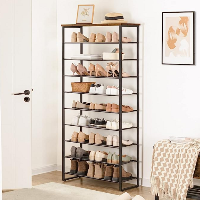 HOOBRO 10-Tier Shoe Rack, Large Capacity Shoe Organizer Shelf, Shoe Storage Unit for 27-36 Pairs of Shoes, for Entryway, Hallway, Closet, Dorm Room, Industrial, Rustic Brown BF107XJ01