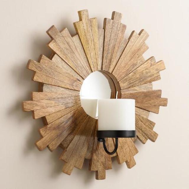 Sunburst Wood Mirror Sconce Candleholder