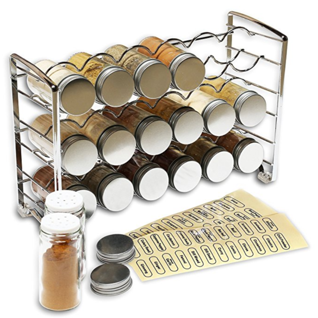 DecoBros Spice Rack Stand holder with 18 bottles and 48 Labels, Chrome